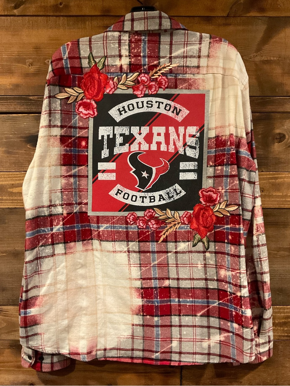 Custom Houston TEXANS Distressed Plaid Flannel Hoodie Shirt 
MENS size XLARGE